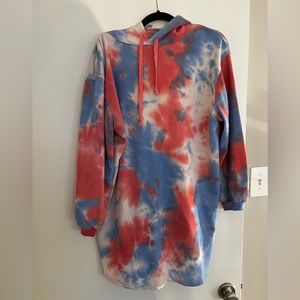 Red and blue tie dye sweatshirt material dress. Size large- like new.